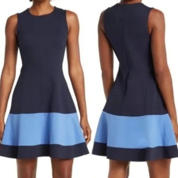 Eliza J NWT Fit to Flare Navy Color block Dress Size 10 - Picture 1 of 12